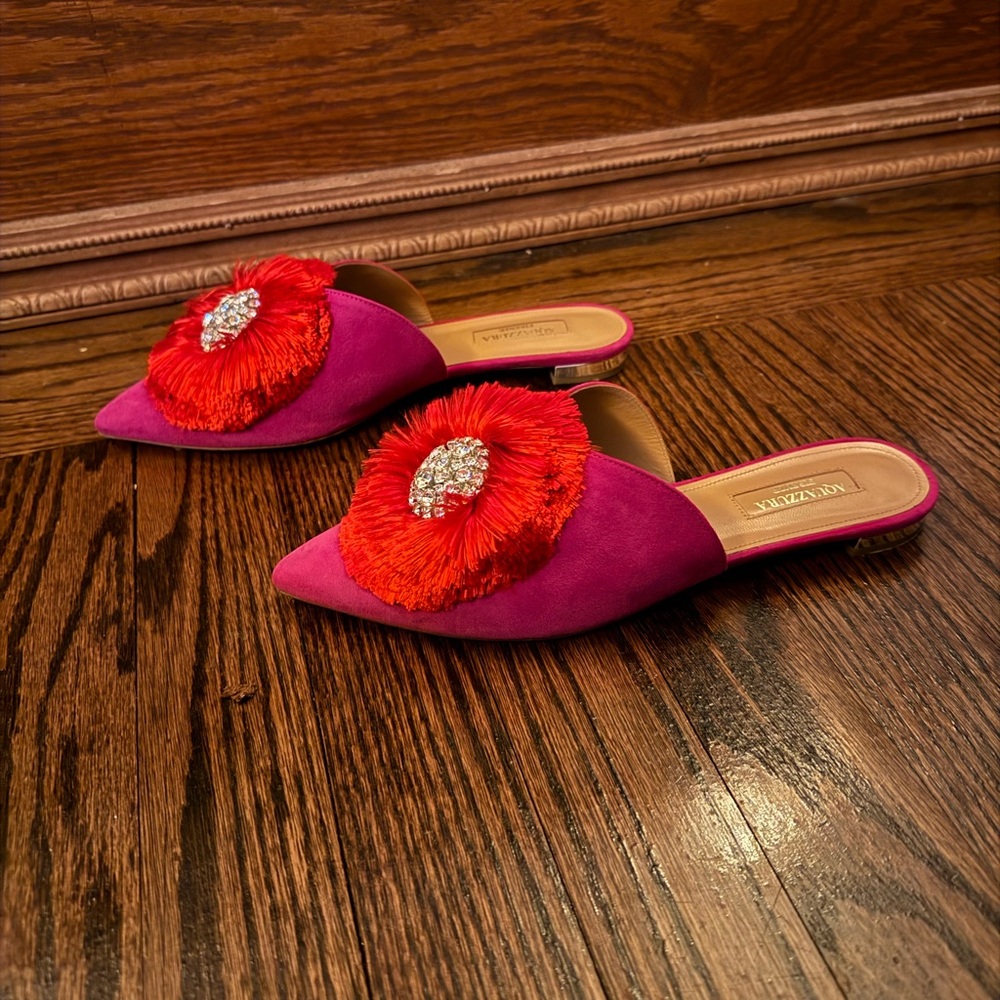 Aquazzura Magenta Suede Embellished Mules with Red Orange and Crystal Pom Pom